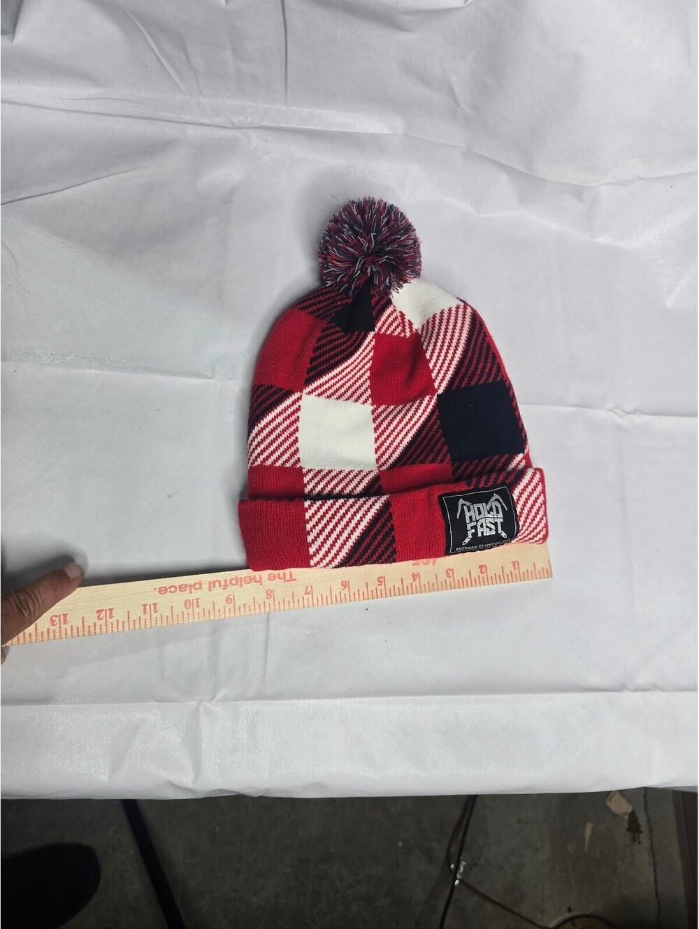 The North Face Conrad Anker Hold Fast Beanie Red Black Plaid Pom Pom Hat Knit